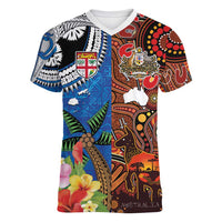 Fiji and Australia Together Women V-Neck T-Shirt Fijian Tapa Plants with Kangaroo and Aboriginal LT03 Female Black - Polynesian Pride