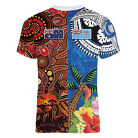 Fiji and Australia Together Women V-Neck T-Shirt Fijian Tapa Plants with Kangaroo and Aboriginal LT03 - Polynesian Pride