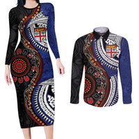Fiji and Australia Together Couples Matching Long Sleeve Bodycon Dress and Long Sleeve Button Shirt Kangaroo Aboriginal with Tribal Tapa Hibiscus Half Style LT03 Black - Polynesian Pride
