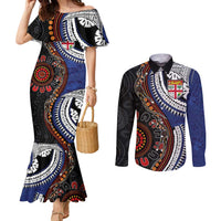 Fiji and Australia Together Couples Matching Mermaid Dress and Long Sleeve Button Shirt Kangaroo Aboriginal with Tribal Tapa Hibiscus Half Style LT03 Black - Polynesian Pride