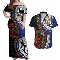 Fiji and Australia Together Couples Matching Off Shoulder Maxi Dress and Hawaiian Shirt Kangaroo Aboriginal with Tribal Tapa Hibiscus Half Style LT03 Black - Polynesian Pride