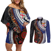 Fiji and Australia Together Couples Matching Off Shoulder Short Dress and Long Sleeve Button Shirt Kangaroo Aboriginal with Tribal Tapa Hibiscus Half Style LT03 Black - Polynesian Pride