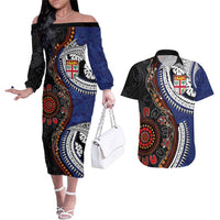 Fiji and Australia Together Couples Matching Off The Shoulder Long Sleeve Dress and Hawaiian Shirt Kangaroo Aboriginal with Tribal Tapa Hibiscus Half Style LT03 Black - Polynesian Pride