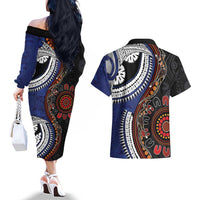 Fiji and Australia Together Couples Matching Off The Shoulder Long Sleeve Dress and Hawaiian Shirt Kangaroo Aboriginal with Tribal Tapa Hibiscus Half Style LT03 - Polynesian Pride
