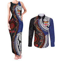 Fiji and Australia Together Couples Matching Tank Maxi Dress and Long Sleeve Button Shirt Kangaroo Aboriginal with Tribal Tapa Hibiscus Half Style LT03 Black - Polynesian Pride