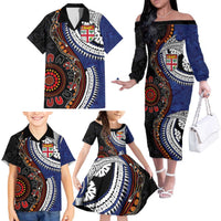 Fiji and Australia Together Family Matching Off The Shoulder Long Sleeve Dress and Hawaiian Shirt Kangaroo Aboriginal with Tribal Tapa Hibiscus Half Style LT03 - Polynesian Pride