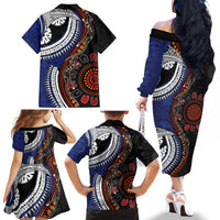 Fiji and Australia Together Family Matching Off The Shoulder Long Sleeve Dress and Hawaiian Shirt Kangaroo Aboriginal with Tribal Tapa Hibiscus Half Style LT03 - Polynesian Pride