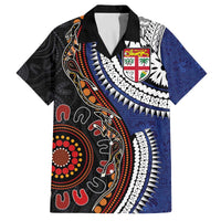 Fiji and Australia Together Family Matching Off The Shoulder Long Sleeve Dress and Hawaiian Shirt Kangaroo Aboriginal with Tribal Tapa Hibiscus Half Style LT03 Dad's Shirt - Short Sleeve Black - Polynesian Pride