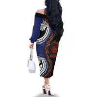 Fiji and Australia Together Family Matching Off The Shoulder Long Sleeve Dress and Hawaiian Shirt Kangaroo Aboriginal with Tribal Tapa Hibiscus Half Style LT03 - Polynesian Pride