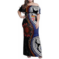 Fiji and Australia Together Family Matching Off Shoulder Maxi Dress and Hawaiian Shirt Kangaroo Aboriginal with Tribal Tapa Hibiscus Half Style LT03 Mom's Dress Black - Polynesian Pride
