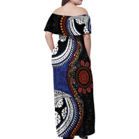 Fiji and Australia Together Family Matching Off Shoulder Maxi Dress and Hawaiian Shirt Kangaroo Aboriginal with Tribal Tapa Hibiscus Half Style LT03 - Polynesian Pride