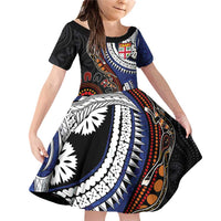 Fiji and Australia Together Family Matching Off Shoulder Short Dress and Hawaiian Shirt Kangaroo Aboriginal with Tribal Tapa Hibiscus Half Style LT03 Daughter's Dress Black - Polynesian Pride