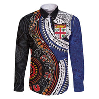 Fiji and Australia Together Family Matching Puletasi and Hawaiian Shirt Kangaroo Aboriginal with Tribal Tapa Hibiscus Half Style LT03 Dad's Shirt - Long Sleeve Black - Polynesian Pride