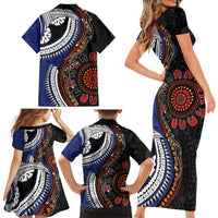 Fiji and Australia Together Family Matching Short Sleeve Bodycon Dress and Hawaiian Shirt Kangaroo Aboriginal with Tribal Tapa Hibiscus Half Style LT03 - Polynesian Pride