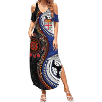 Fiji and Australia Together Family Matching Summer Maxi Dress and Hawaiian Shirt Kangaroo Aboriginal with Tribal Tapa Hibiscus Half Style LT03 Mom's Dress Black - Polynesian Pride