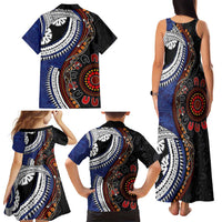 Fiji and Australia Together Family Matching Tank Maxi Dress and Hawaiian Shirt Kangaroo Aboriginal with Tribal Tapa Hibiscus Half Style LT03 - Polynesian Pride