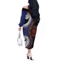 Fiji and Australia Together Off The Shoulder Long Sleeve Dress Kangaroo Aboriginal with Tribal Tapa Hibiscus Half Style LT03 - Polynesian Pride