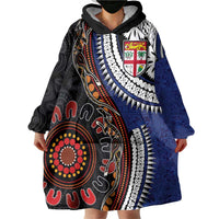 Fiji and Australia Together Wearable Blanket Hoodie Kangaroo Aboriginal with Tribal Tapa Hibiscus Half Style LT03 - Polynesian Pride