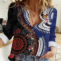 Fiji and Australia Together Women Casual Shirt Kangaroo Aboriginal with Tribal Tapa Hibiscus Half Style LT03 Female Black - Polynesian Pride