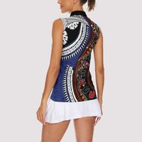 Fiji and Australia Together Women Sleeveless Polo Shirt Kangaroo Aboriginal with Tribal Tapa Hibiscus Half Style LT03 - Polynesian Pride