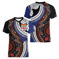 Fiji and Australia Together Women V-Neck T-Shirt Kangaroo Aboriginal with Tribal Tapa Hibiscus Half Style LT03 - Polynesian Pride