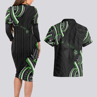 Traditional Art Hawaiian Kakau Tattoos Couples Matching Long Sleeve Bodycon Dress and Hawaiian Shirt Green Color - Polynesian Pride