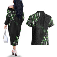 Traditional Art Hawaiian Kakau Tattoos Couples Matching Off The Shoulder Long Sleeve Dress and Hawaiian Shirt Green Color - Polynesian Pride