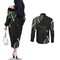 Traditional Art Hawaiian Kakau Tattoos Couples Matching Off The Shoulder Long Sleeve Dress and Long Sleeve Button Shirt Green Color - Polynesian Pride