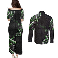 Traditional Art Hawaiian Kakau Tattoos Couples Matching Puletasi and Long Sleeve Button Shirt Green Color LT03 - Polynesian Pride