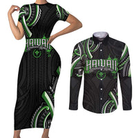 Traditional Art Hawaiian Kakau Tattoos Couples Matching Short Sleeve Bodycon Dress and Long Sleeve Button Shirt Green Color - Polynesian Pride