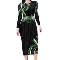 Traditional Art Hawaiian Kakau Tattoos Long Sleeve Bodycon Dress Green Color LT03 Long Dress Green - Polynesian Pride