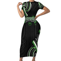 Traditional Art Hawaiian Kakau Tattoos Short Sleeve Bodycon Dress Green Color LT03 Long Dress Green - Polynesian Pride