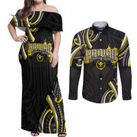 Traditional Art Hawaiian Kakau Tattoos Couples Matching Off Shoulder Maxi Dress and Long Sleeve Button Shirt Yellow Color - Polynesian Pride
