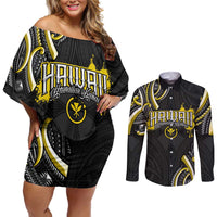 Traditional Art Hawaiian Kakau Tattoos Couples Matching Off Shoulder Short Dress and Long Sleeve Button Shirt Yellow Color - Polynesian Pride