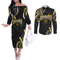 Traditional Art Hawaiian Kakau Tattoos Couples Matching Off The Shoulder Long Sleeve Dress and Long Sleeve Button Shirt Yellow Color - Polynesian Pride