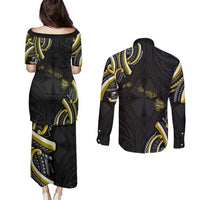 Traditional Art Hawaiian Kakau Tattoos Couples Matching Puletasi and Long Sleeve Button Shirt Yellow Color LT03 - Polynesian Pride