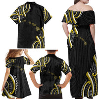 Traditional Art Hawaiian Kakau Tattoos Family Matching Off Shoulder Maxi Dress and Hawaiian Shirt Yellow Color LT03 - Polynesian Pride