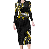 Traditional Art Hawaiian Kakau Tattoos Long Sleeve Bodycon Dress Yellow Color LT03 Long Dress Yellow - Polynesian Pride