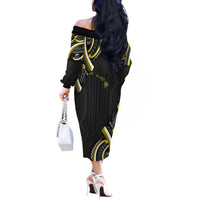 Traditional Art Hawaiian Kakau Tattoos Off The Shoulder Long Sleeve Dress Yellow Color LT03 - Polynesian Pride