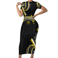 Traditional Art Hawaiian Kakau Tattoos Short Sleeve Bodycon Dress Yellow Color LT03 Long Dress Yellow - Polynesian Pride