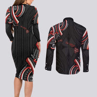 Traditional Art Hawaiian Kakau Tattoos Couples Matching Long Sleeve Bodycon Dress and Long Sleeve Button Shirt Red Color - Polynesian Pride