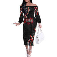 Traditional Art Hawaiian Kakau Tattoos Off The Shoulder Long Sleeve Dress Red Color LT03 Women Red - Polynesian Pride