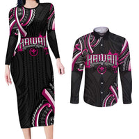 Traditional Art Hawaiian Kakau Tattoos Couples Matching Long Sleeve Bodycon Dress and Long Sleeve Button Shirt Pink Color - Polynesian Pride