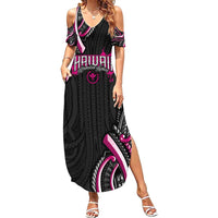 Traditional Art Hawaiian Kakau Tattoos Family Matching Summer Maxi Dress and Hawaiian Shirt Pink Color LT03 Mom's Dress Pink - Polynesian Pride