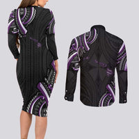 Traditional Art Hawaiian Kakau Tattoos Couples Matching Long Sleeve Bodycon Dress and Long Sleeve Button Shirt Purple Color - Polynesian Pride