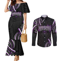 Traditional Art Hawaiian Kakau Tattoos Couples Matching Mermaid Dress and Long Sleeve Button Shirt Purple Color - Polynesian Pride