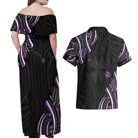 Traditional Art Hawaiian Kakau Tattoos Couples Matching Off Shoulder Maxi Dress and Hawaiian Shirt Purple Color - Polynesian Pride