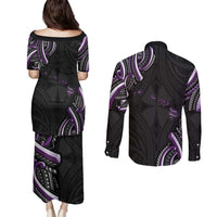 Traditional Art Hawaiian Kakau Tattoos Couples Matching Puletasi and Long Sleeve Button Shirt Purple Color LT03 - Polynesian Pride