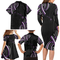Traditional Art Hawaiian Kakau Tattoos Family Matching Long Sleeve Bodycon Dress and Hawaiian Shirt Purple Color - Polynesian Pride