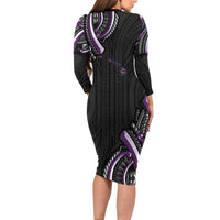 Traditional Art Hawaiian Kakau Tattoos Long Sleeve Bodycon Dress Purple Color LT03 - Polynesian Pride